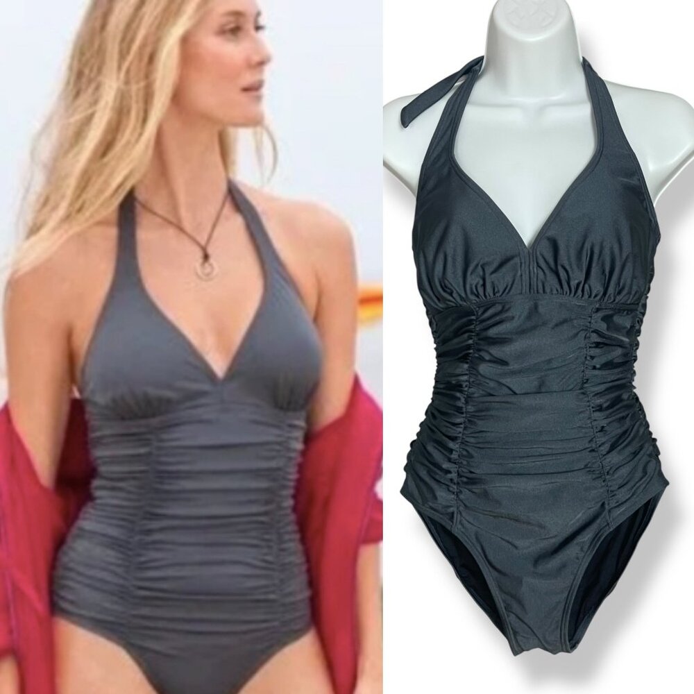 Aerin Rose Swimsuit Gray Ruched One Piece Halter Women Size 8 Bathing Suit Swim
